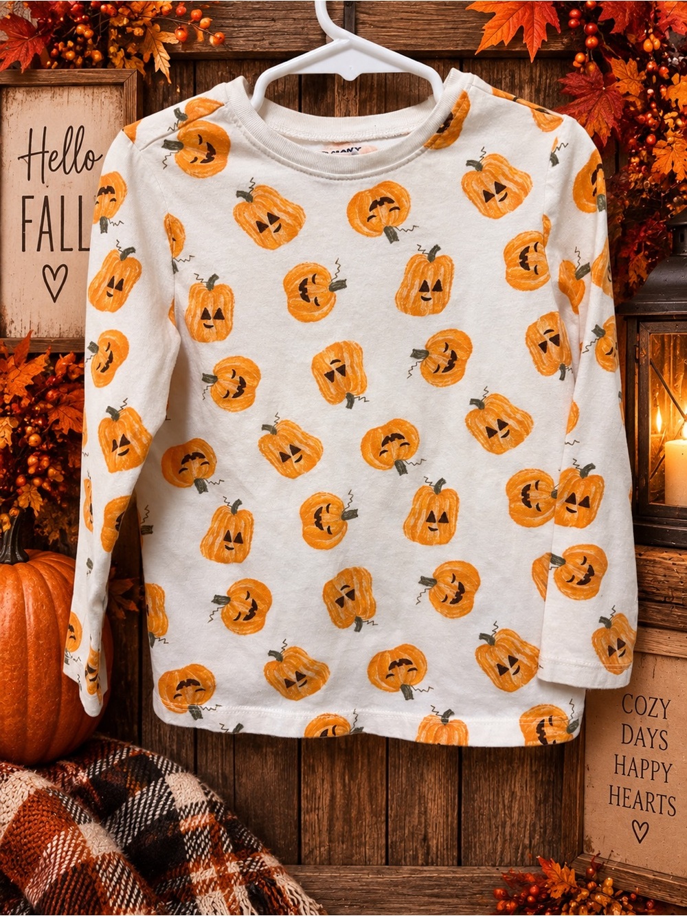 Kids Pumpkin Print Long-Sleeve Tee - White & Orange 5T Unisex